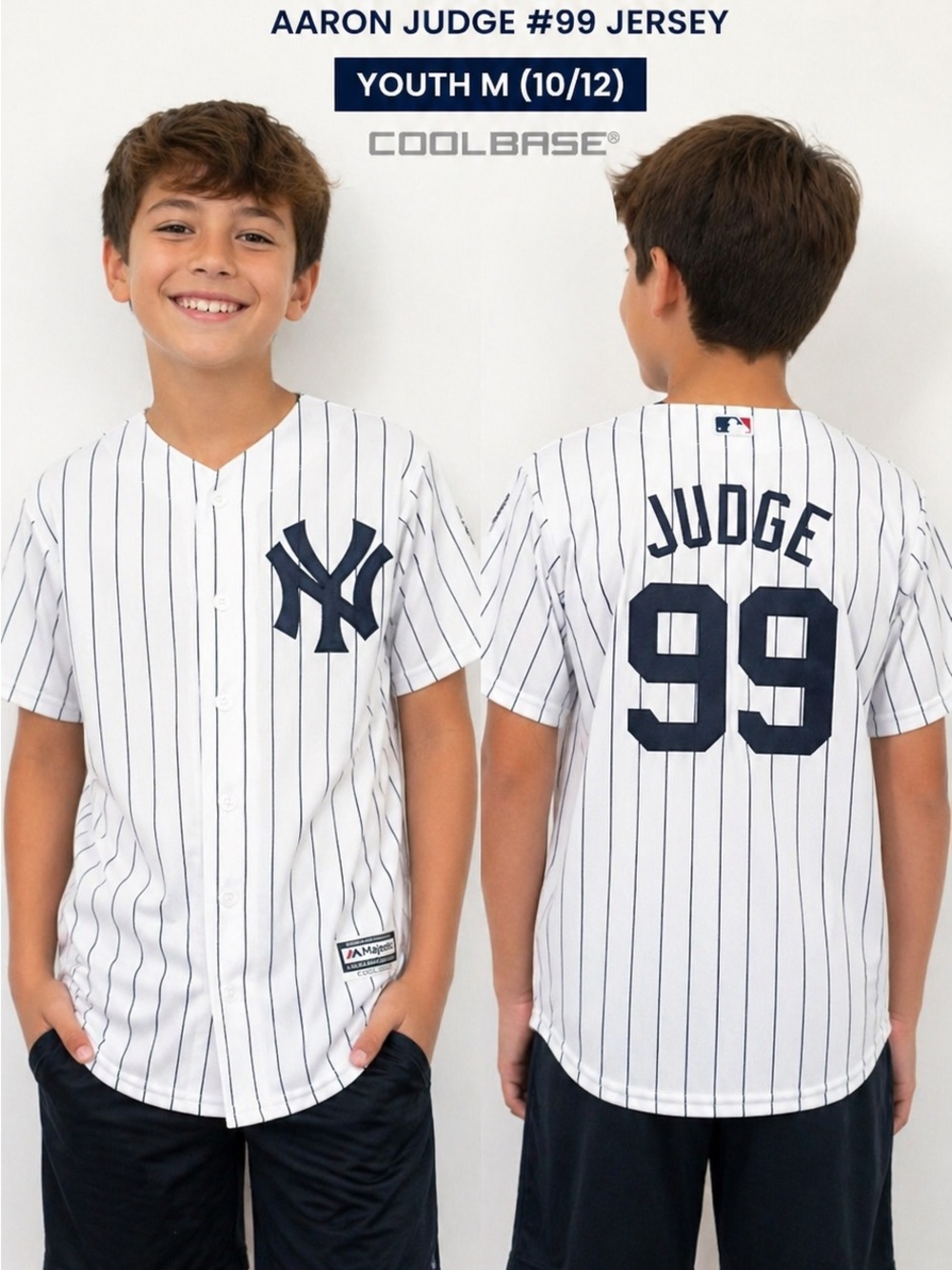 Majestic Youth Aaron Judge #99 Pinstripe Baseball Jersey - White & Navy